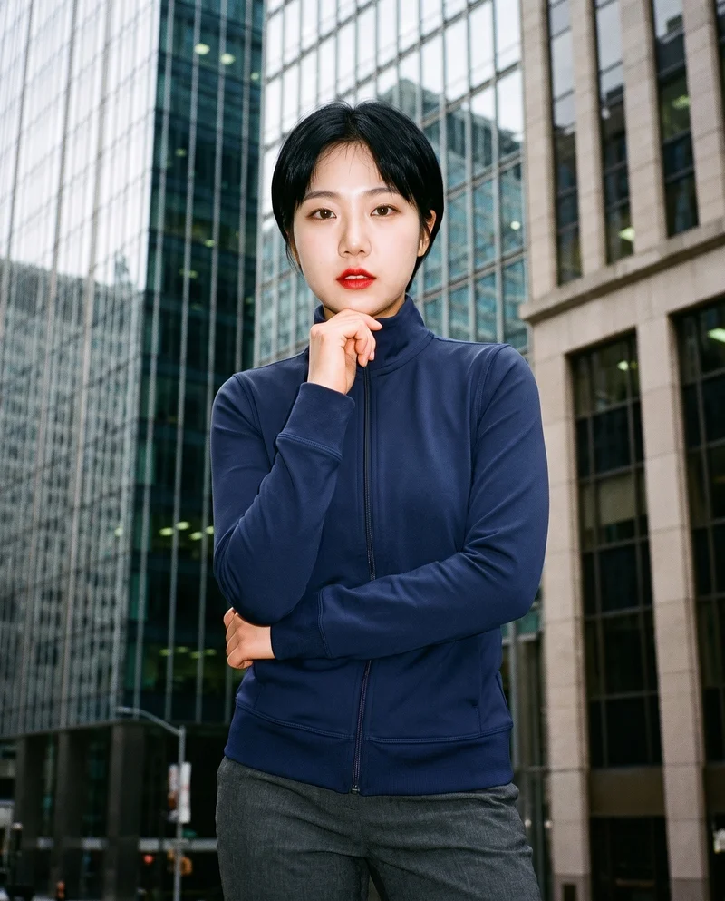 A 25-year-old Korean woman wears a women's navy tracksuit top in an upper-body front view. Her hand rests at her chin, and she has a neutral expression. A Financial District urban canyon serves as the backdrop.