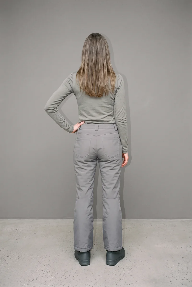 A 37-year-old Slavic woman wears grey waterproof ski trousers in a full-body back view, with one foot positioned forward. The trousers are shown against a grey studio-wall backdrop.