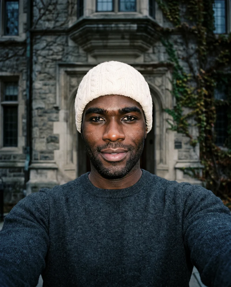 A 36-year-old African man smiles in a front-view selfie taken over his shoulder while wearing a cream cable-knit beanie. An ivy-covered building forms the backdrop.