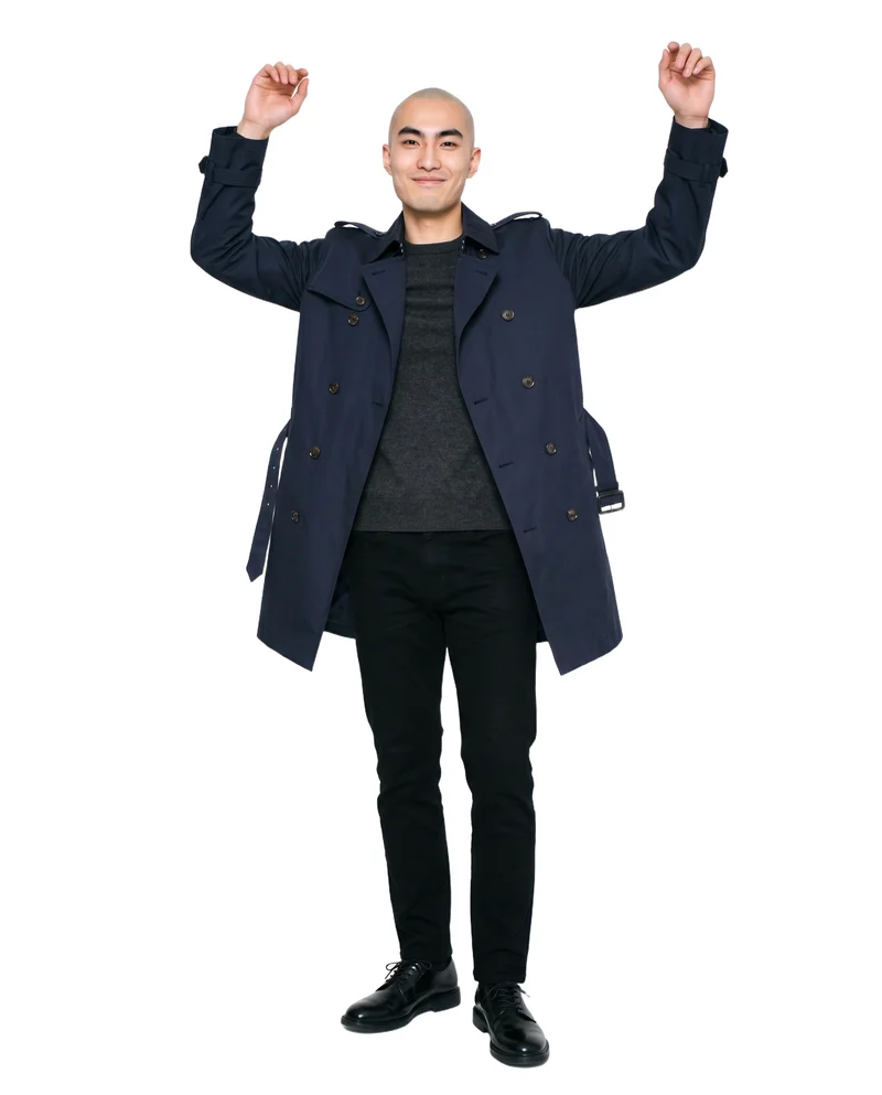Men's Navy Trench Coat, Full body at Three-quarter, Studio Cutout lighting