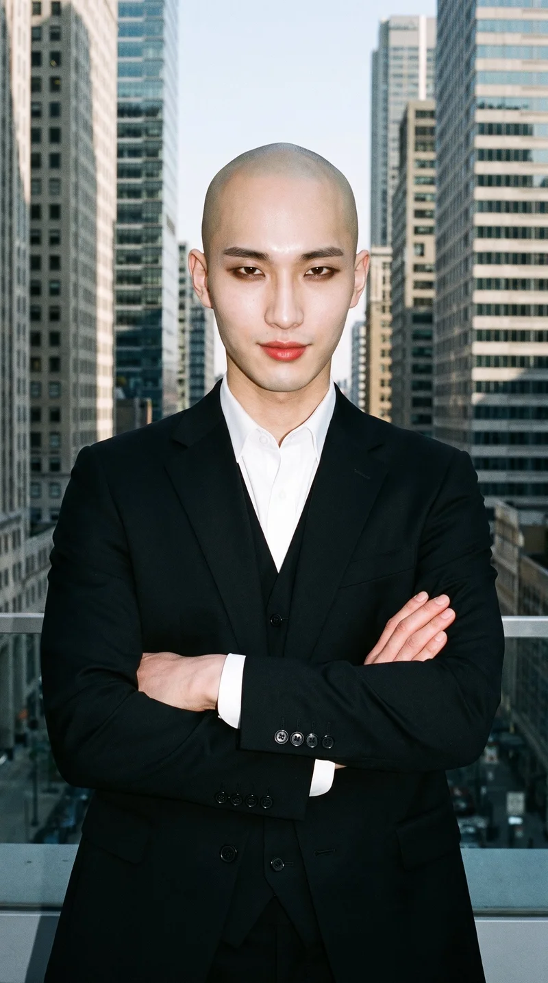 A 20-year-old Korean man is shown from the upper body in a front view, wearing a black three-piece suit with his arms crossed and a confident expression. The Financial District urban canyon appears as the backdrop.