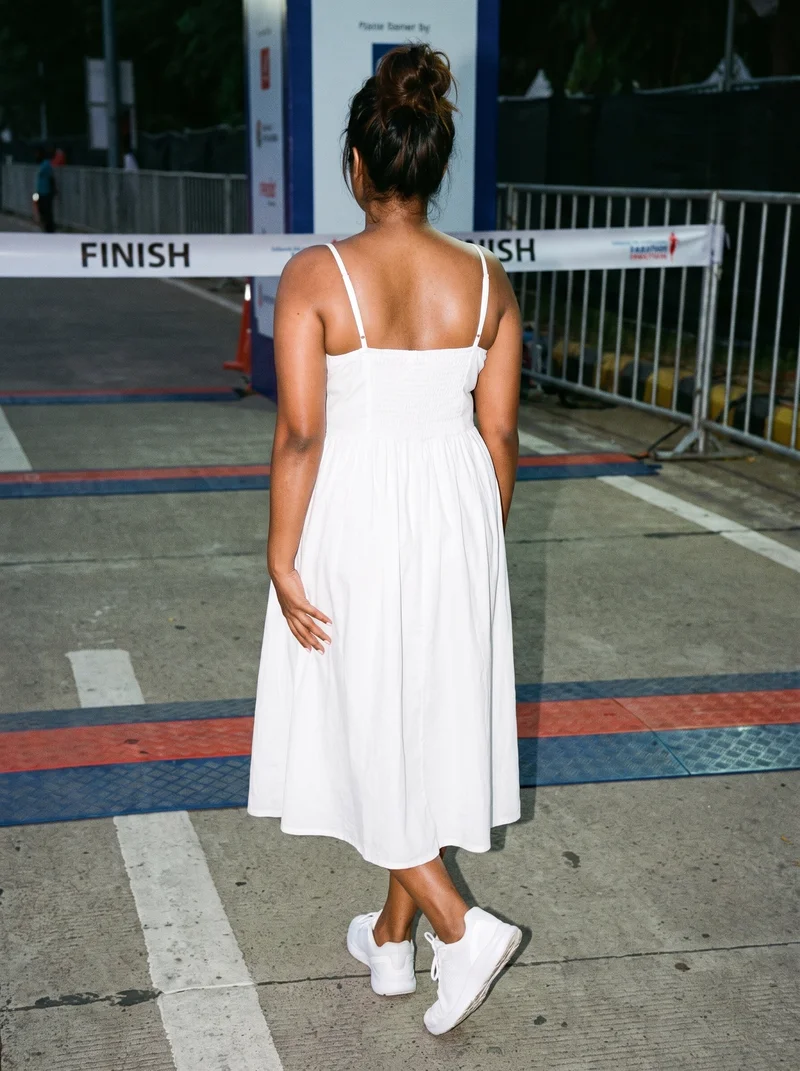 White Cotton Sundress, Full body at Back, Natural E-Commerce lighting