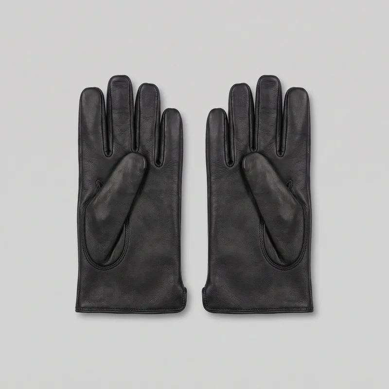 A complete pair of black leather, full-finger gloves is laid flat with the palm-side thumb shapes visible. The gloves have rounded fingertips, individually shaped elongated finger panels, straight squared wrist openings with bound edges, raised piping around the outer edges and finger channels, and visible seams along the thumb bases and between the fingers.