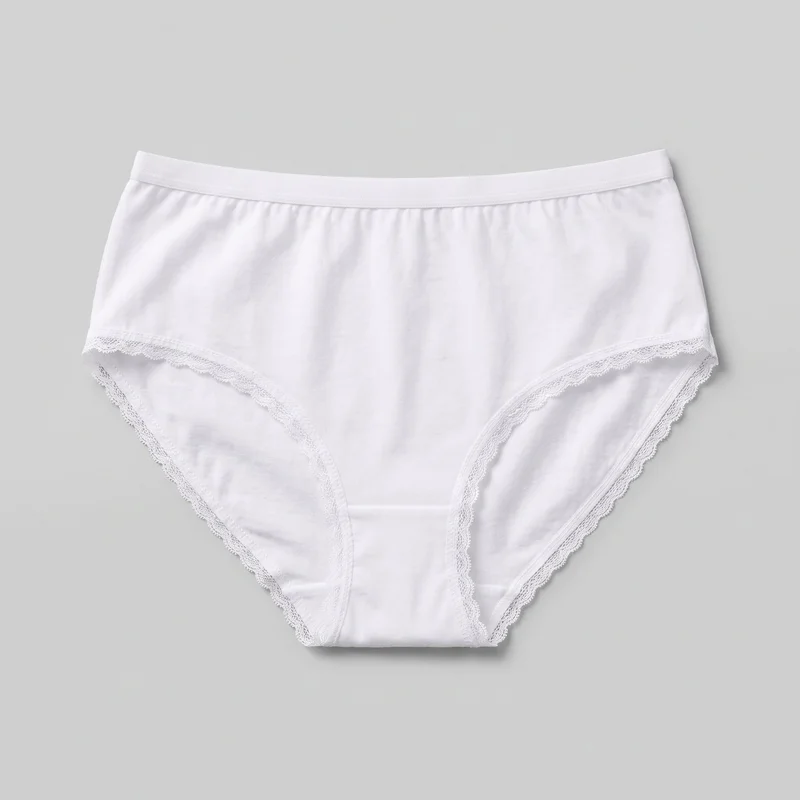 White cotton high-rise brief underwear shown as a mostly complete standalone flat product view. The front displays a straight elastic waistband, gently gathered fabric below it, curved leg openings finished with scalloped lace trim, visible seam stitching, and a centered crotch gusset panel.