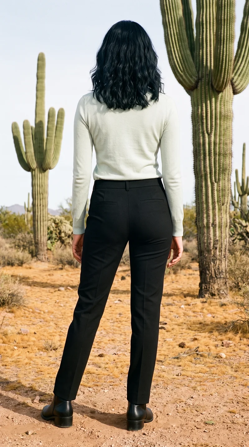 Women's Black Tailored Trousers, Full body at Back, Clean Catalog lighting