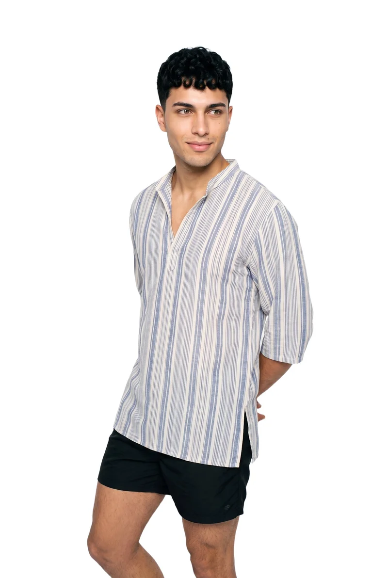 Men's Striped Beach Cover-Up, Three-quarter length at Angled front, Studio Cutout lighting