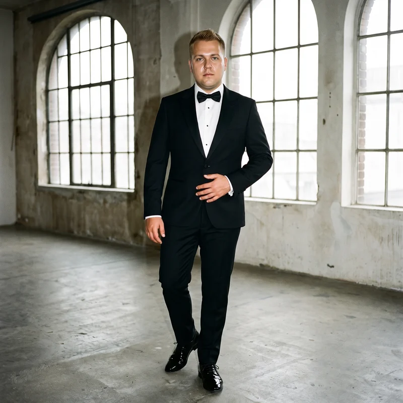 A 33-year-old Caucasian man wears a black classic tuxedo in a full-body front view. He stands with one foot forward and a neutral facial expression, against a backdrop of massive golden loft windows.