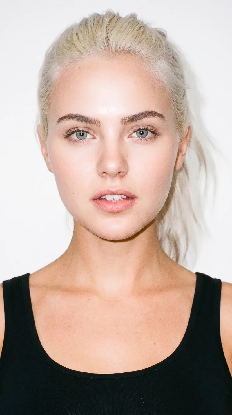 A 24-year-old Caucasian woman with lightly tanned fair skin and a neutral undertone. Her face has soft, youthful features, full cheeks, and rounded contours. She has medium-thickness eyebrows, blue eyes with a cool undertone, and medium-sized lips. Her very light, near-white blonde hair is tied back into a single ponytail.
