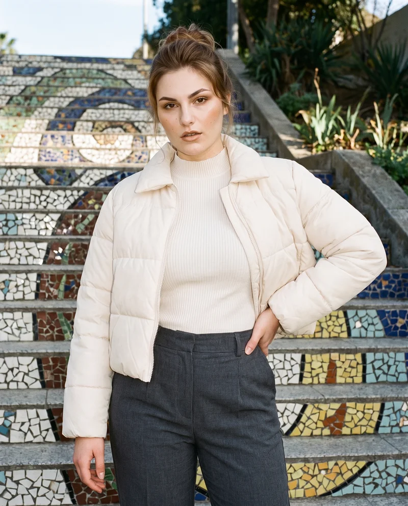 Women's Cream Cropped Puffer Jacket, Three-quarter length at Three-quarter, Clean Catalog lighting