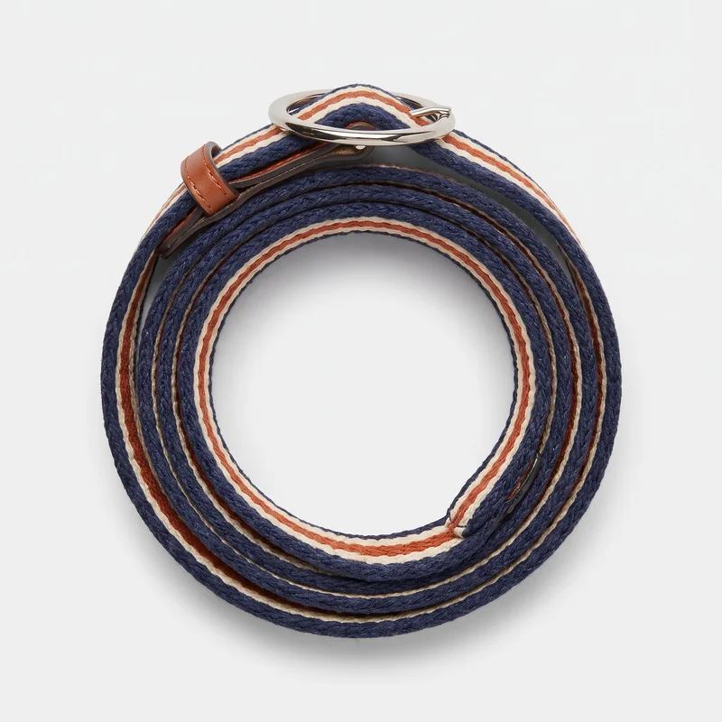 A standalone women's woven web belt is coiled into overlapping circular loops. The flat strap has a repeating lengthwise stripe pattern with a broad central stripe bordered by narrower contrasting edge stripes. An oval ring-style buckle, smooth keeper loop, reinforced end tab, and layered strap edges are visible near the top; no prong holes, logos, text, or additional embellishments are visible.