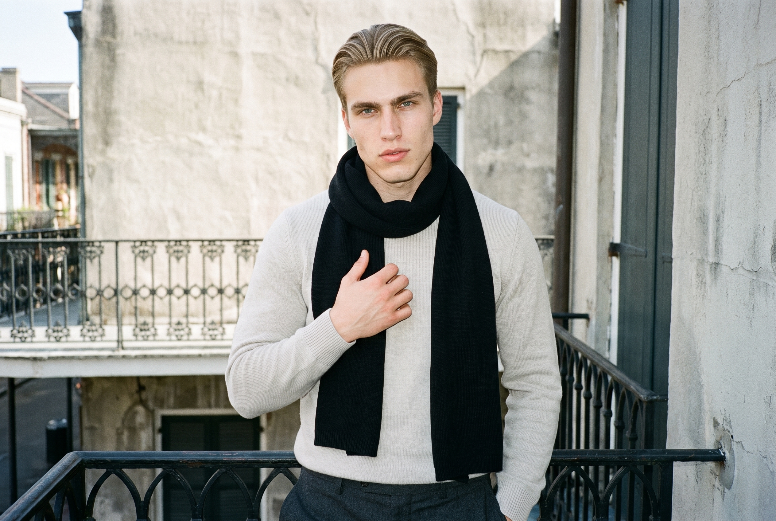 A 19-year-old Slavic man is shown from the front in an upper-body view, with his fingers held at his chest and a confident expression. He is wearing a black wool scarf, with a New Orleans balcony backdrop behind him.