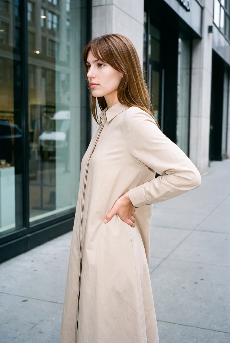 Beige Modest Shirt Dress, Three-quarter length at Side, Natural E-Commerce lighting