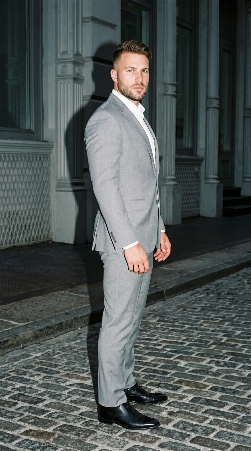 A 26-year-old Caucasian man wears a light grey suit in a full-body side view. He holds a waist-twist pose with a serious expression against a Cast Iron District cobblestone backdrop.