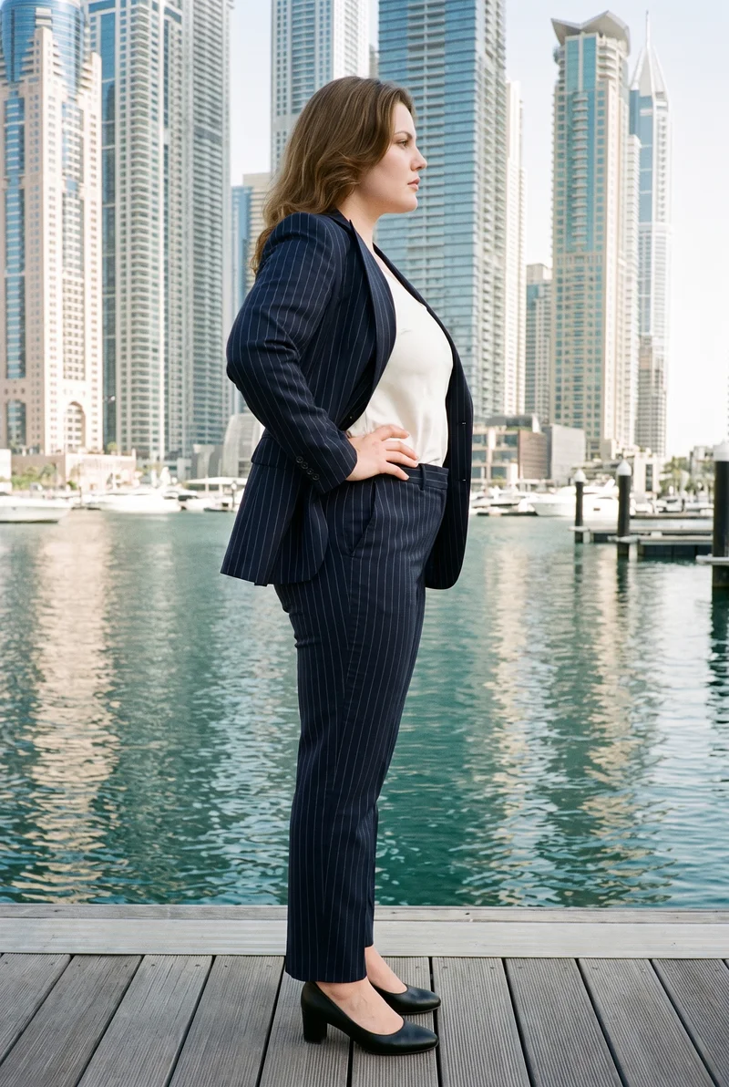 Navy Pinstripe Trouser Suit, Full body at Side, Clean Catalog lighting
