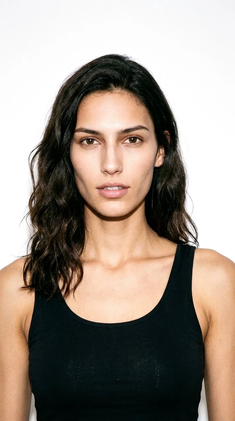 This 22-year-old Slavic woman has a medium skin tone with a neutral undertone. Her face is square, with a strong defined jaw, broad forehead, and angular, structured features. She has medium-thickness eyebrows, brown eyes, and thin lips. Her dark-brown hair is styled in loose, slightly tousled waves with natural volume.