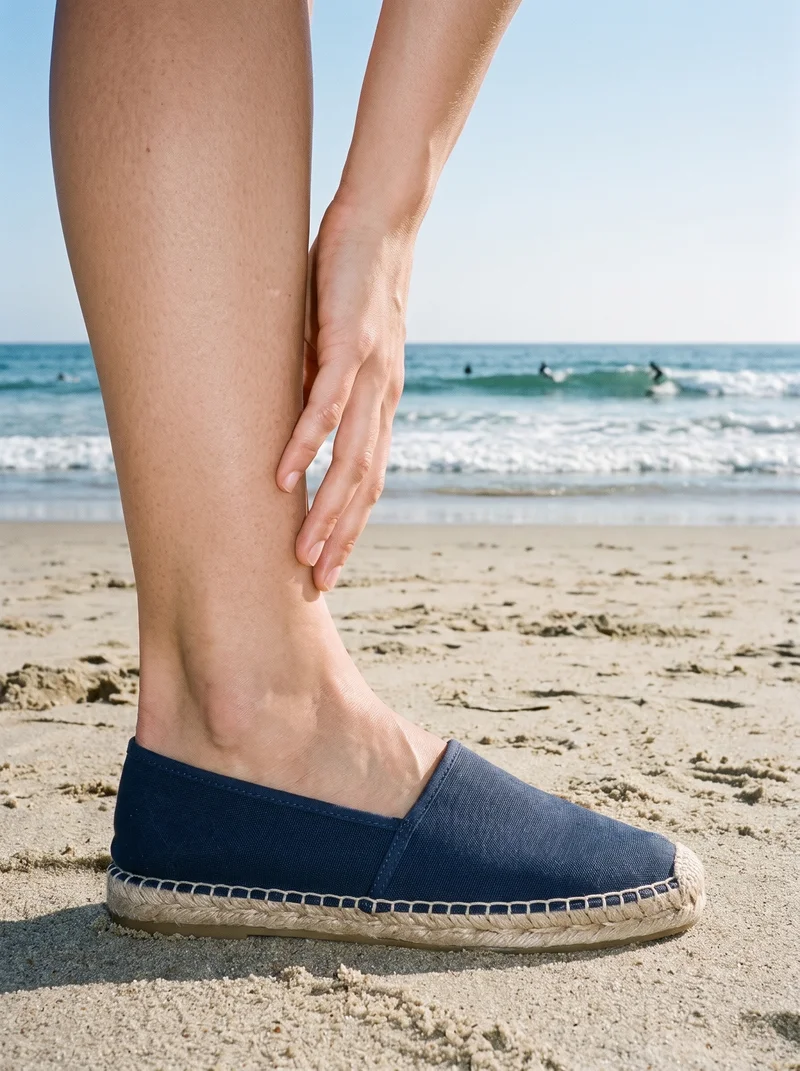 A woman's hand rests at the ankle while she wears navy canvas espadrilles, shown from the side in an ankle-framed view. A surfing beach serves as the backdrop.