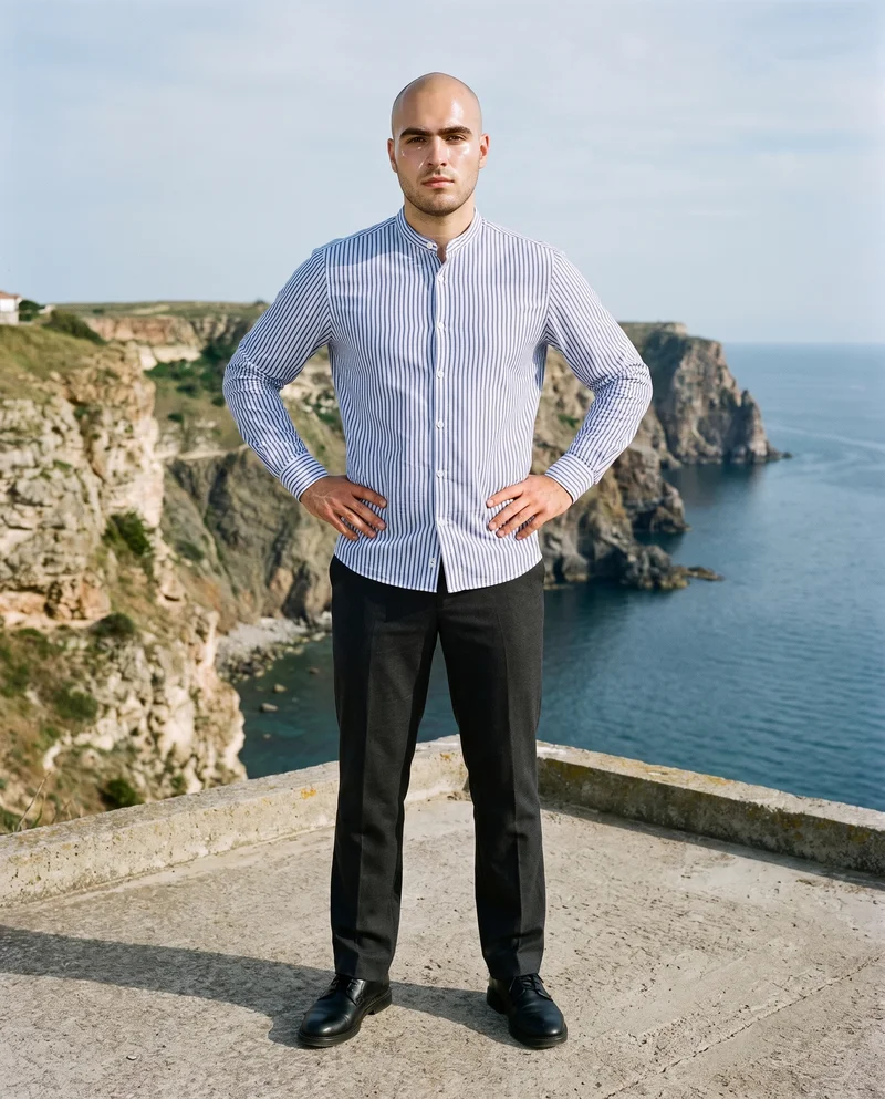 Striped Grandad Shirt, Full body at Front, Flash Editorial lighting