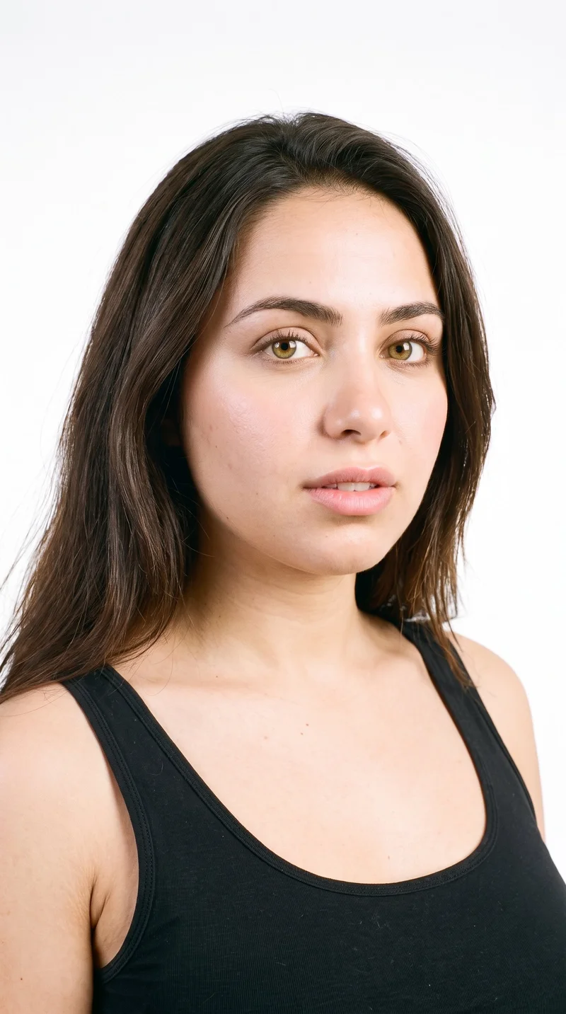 A 23-year-old Arab woman with medium skin and a warm golden undertone. She has a soft, youthful baby-face shape with full cheeks and rounded contours, thick eyebrows, medium lips, and amber eyes with a golden glow. Her long dark-brown hair is worn loose past the shoulders with natural volume.