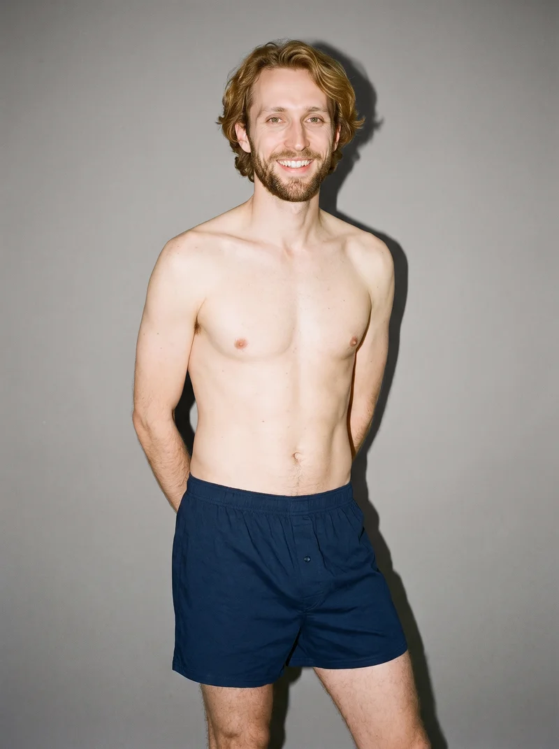 Navy Cotton Boxers, Three-quarter length at Front, Natural E-Commerce lighting