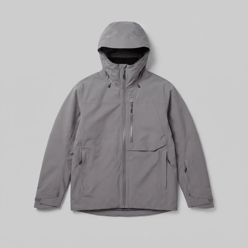 A mostly complete front view of a men's grey shell ski jacket laid flat against a backdrop. The jacket has a structured hood, high zip-up neck, full-length sleeves with adjustable cuff tabs, a straight-cut hip-length body, and a full-length center zipper. Visible details include upper-chest and panel seams, a vertical zip chest pocket, vertical zip hand pockets, and a large lower front flap pocket.