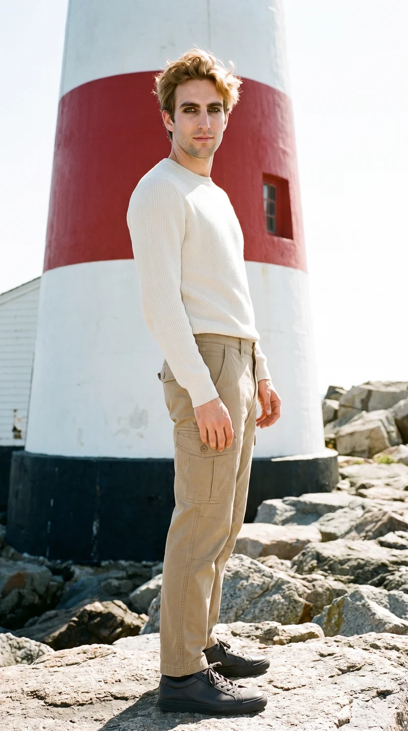 Men's Khaki Hiking Trousers, Full body at Side, Natural E-Commerce lighting