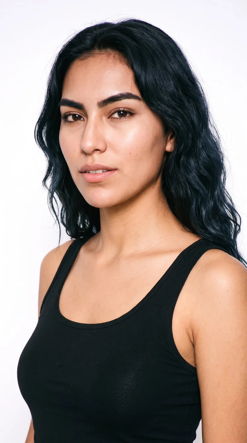 This 19-year-old Indigenous American woman has a medium, evenly warm skin tone with a red-copper undertone. Her face is diamond-shaped, with a narrow forehead and jaw and cheekbones that form the widest part of her face. She has thick eyebrows, very dark near-black eyes, and medium lips. Her deep black hair is styled in soft waves.