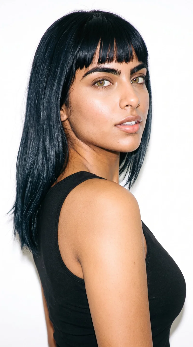 A 26-year-old Indian woman with medium-brown caramel skin and a neutral undertone. Her heart-shaped face has a wider forehead that narrows to a pointed chin. She has thick eyebrows, hazel eyes with green-gold flecks, and medium-sized lips. Black hair falls across her forehead in bangs, framing the upper face.