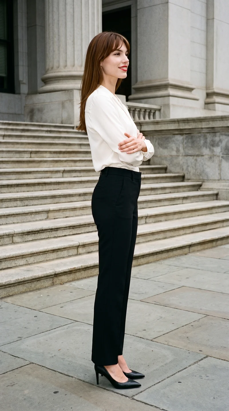 Women's Black Suit Trousers, Full body at Side, Clean Catalog lighting