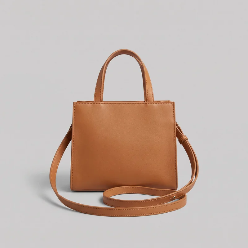 A tan structured rectangular handbag is shown in a standalone front view. It has two rounded upright top handles, a long narrow shoulder strap draped across the front and around the sides, and visible metal side rings, a strap keeper, and adjustment hardware. Stitched seams outline the top edge, sides, handles, strap, and lower front edge.