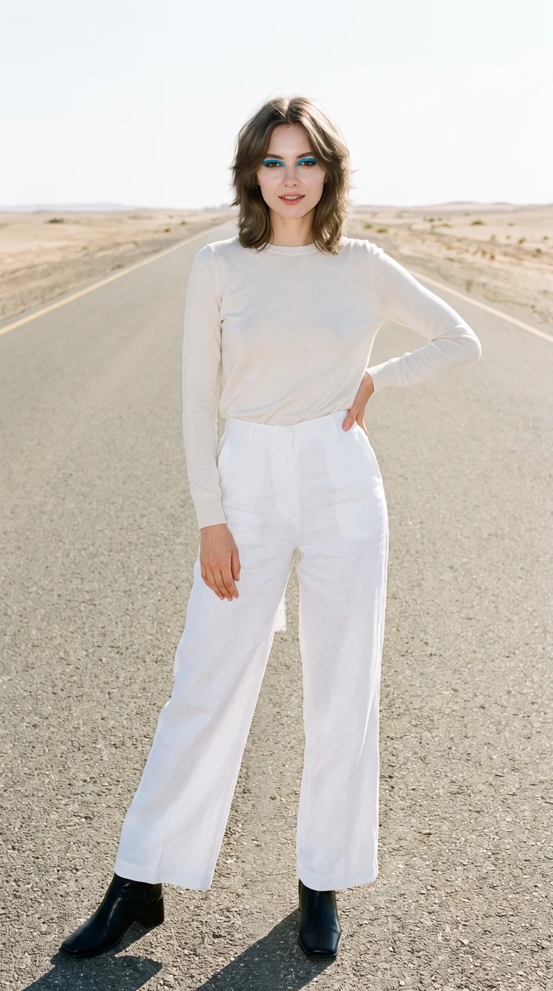 A 25-year-old Slavic woman wears white linen palazzo trousers in a full-body front view, standing with one foot forward and a natural expression. A desert highway backdrop extends behind her.