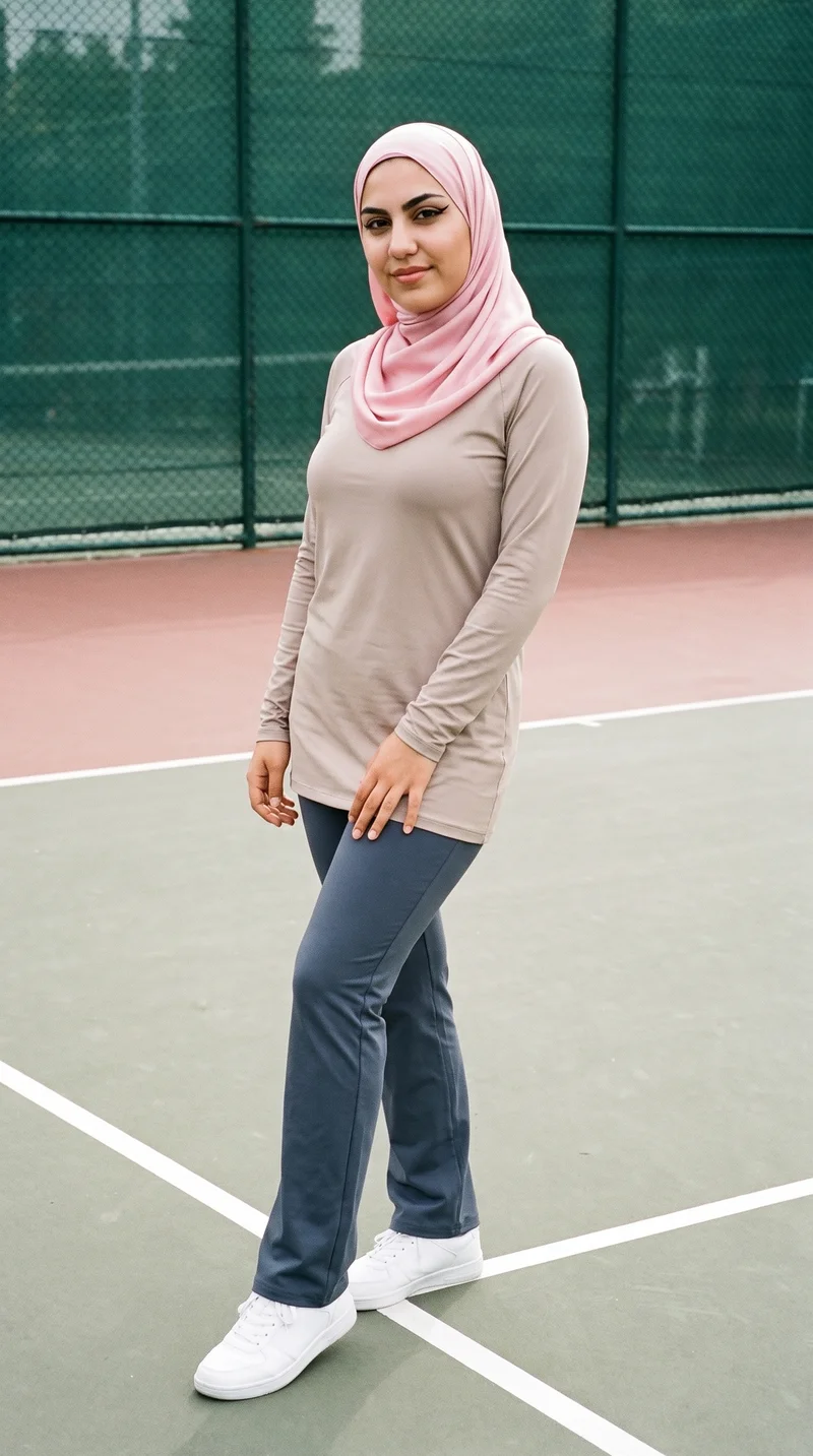 A 20-year-old Turkish woman wears a blush pink satin hijab, shown full body from a front three-quarter angle with one hip turned outward and a natural expression. A tennis court serves as the backdrop.
