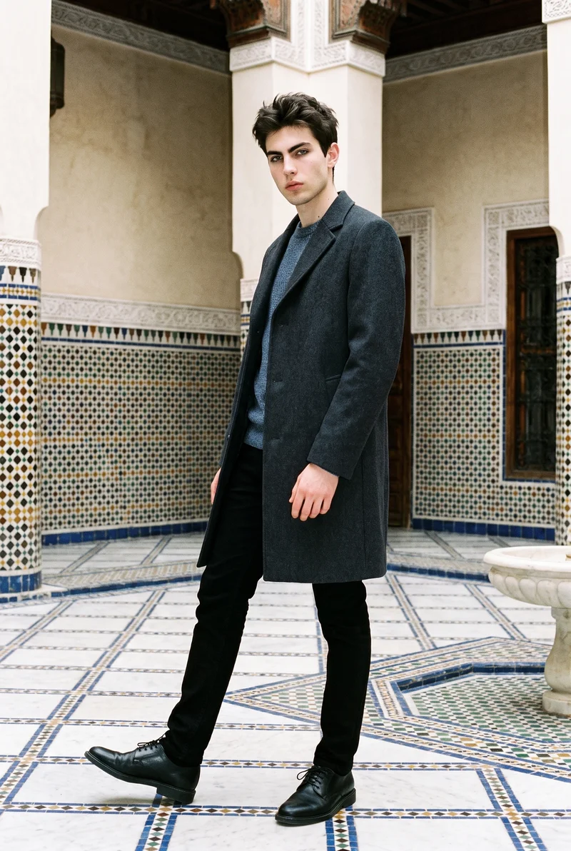 Men's Charcoal Overcoat, Full body at Three-quarter, Clean Catalog lighting