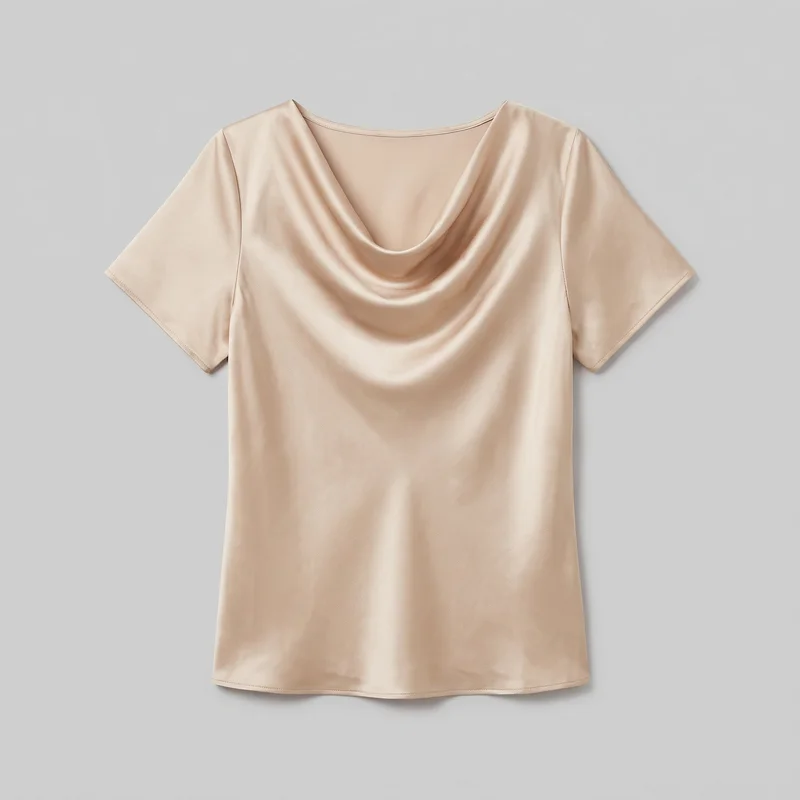 A champagne satin short-sleeve cowl-neck top is shown laid flat in a mostly complete front view. The blouse has a wide draped neckline forming horizontal folds, set-in short sleeves with straight openings, visible shoulder and sleeve seams, a straight silhouette, and a straight stitched bottom hem.