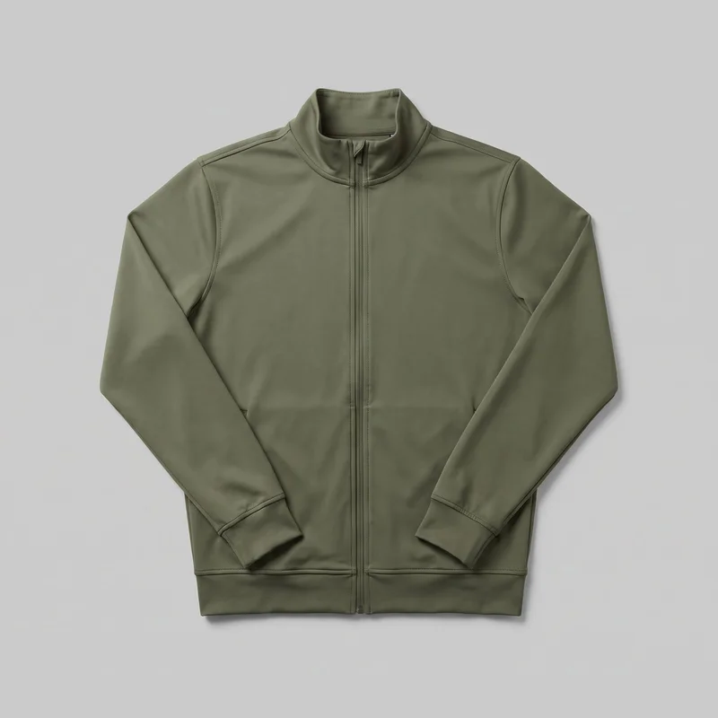 An olive men's track jacket is laid flat in a mostly complete front view. It has a centered full-length zipper, a stand collar, long sleeves, ribbed cuffs and hem, shaped shoulder and armhole seam panels, and lower side pocket openings. Visible stitching outlines the collar edge, shoulder seams, cuffs, and hem.