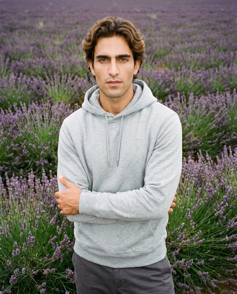 A 34-year-old Hispanic man wears a grey pullover hoodie in an upper-body view. He is shown from a front three-quarter angle with his forearms folded and a neutral expression, against a lavender field backdrop.