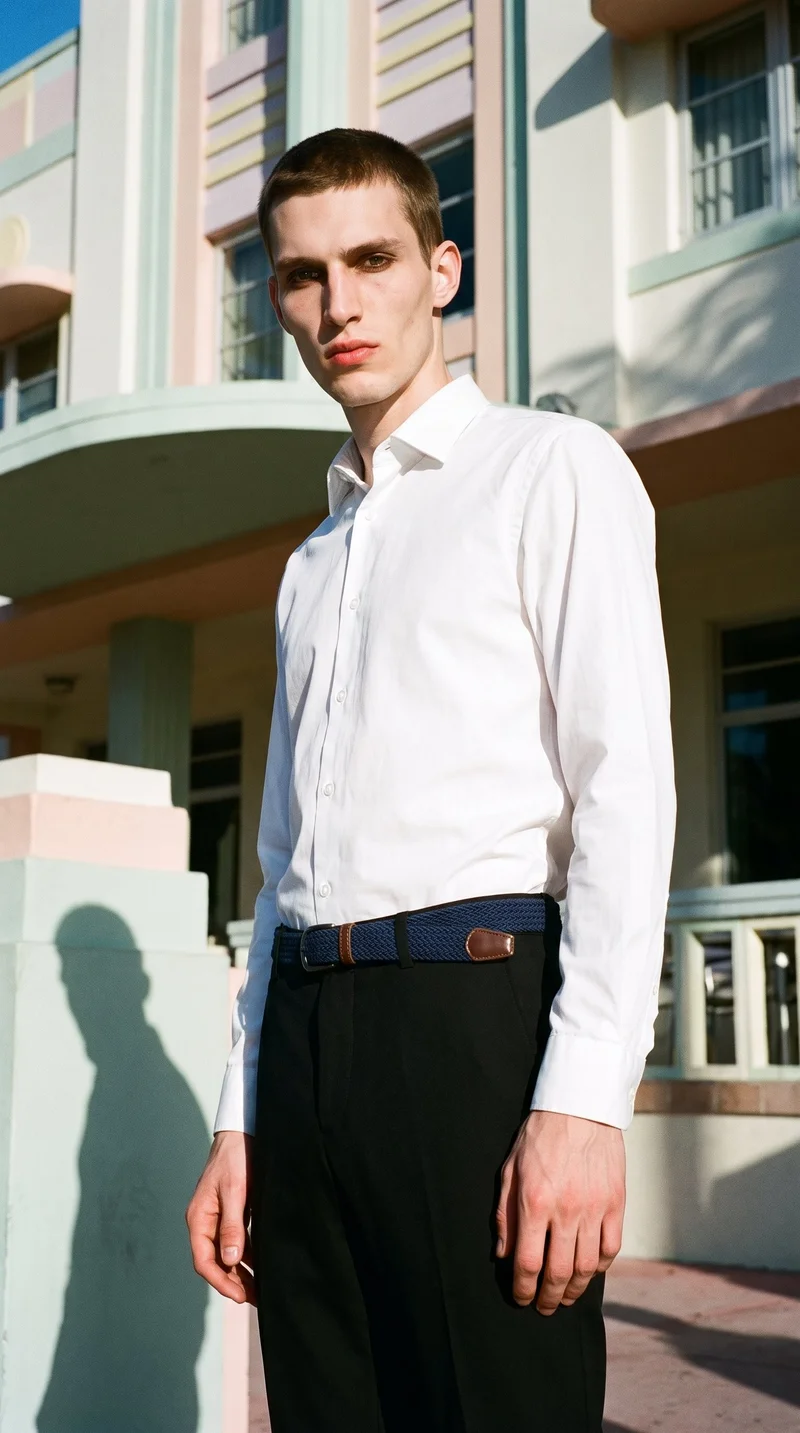 Men's Navy Woven Belt, Three-quarter length at Angled front, Flash Editorial lighting