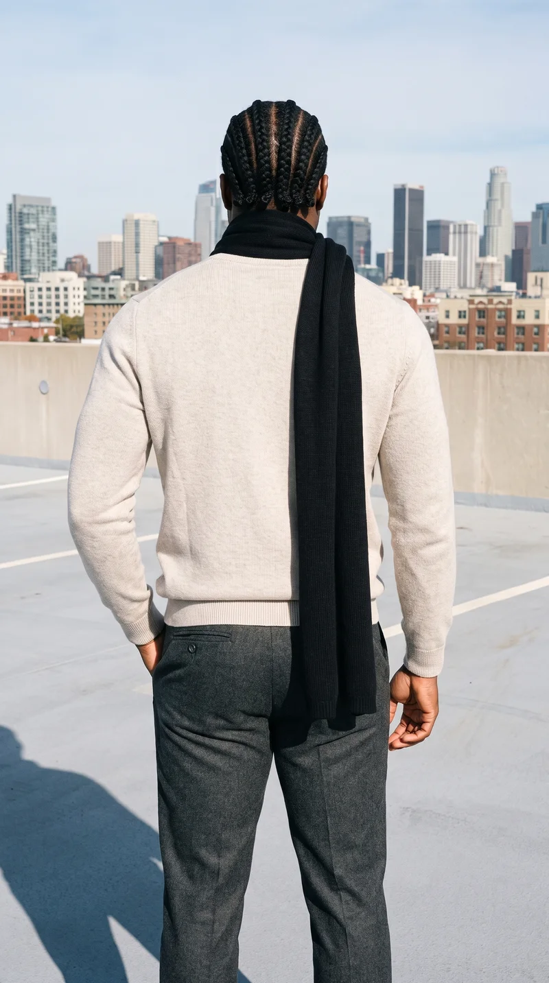 A 28-year-old African man wearing a men's black wool scarf is shown from the back in a three-quarter-length frame, with his weight positioned back. A parking garage rooftop serves as the backdrop.