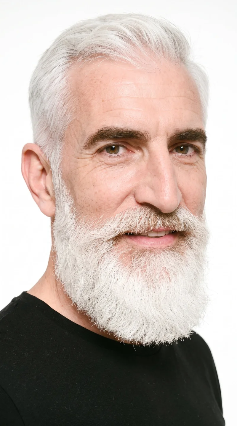 A 54-year-old Caucasian man with very pale skin and a cool undertone has a weathered, strongly defined face. His thick eyebrows frame hazel eyes with green-gold flecks, and he has full lips. His white hair is styled in a short, tapered crew cut, slightly longer on top than at the sides. A full beard grows evenly across his cheeks, jaw, and chin, forming a connected covering.