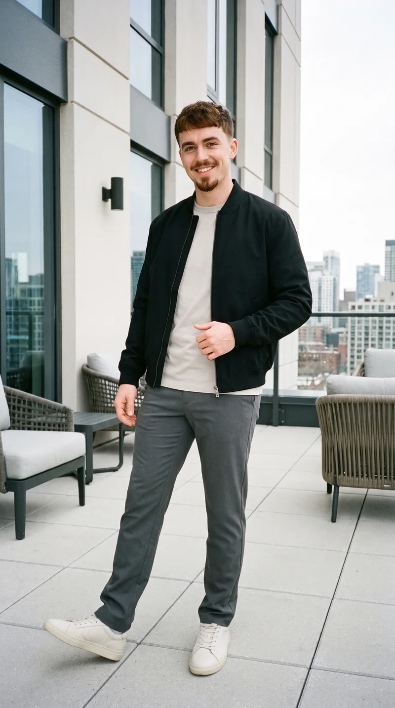 A smiling 25-year-old Caucasian man wears a black bomber jacket in a full-body front view, standing with one foot forward. A penthouse terrace serves as the backdrop.