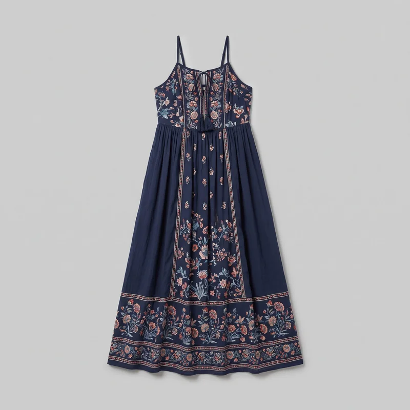 A navy sleeveless maxi dress is shown in a full front view on a simple hanging setup. It has thin straps, a lace-up keyhole neckline with tassel-ended ties, a fitted bodice, and a gathered A-line skirt with a straight floor-length hem. Dense floral embroidery covers the bodice, while vertical decorative panels, scattered center-skirt motifs, and multiple floral border bands decorate the skirt and lower hem.
