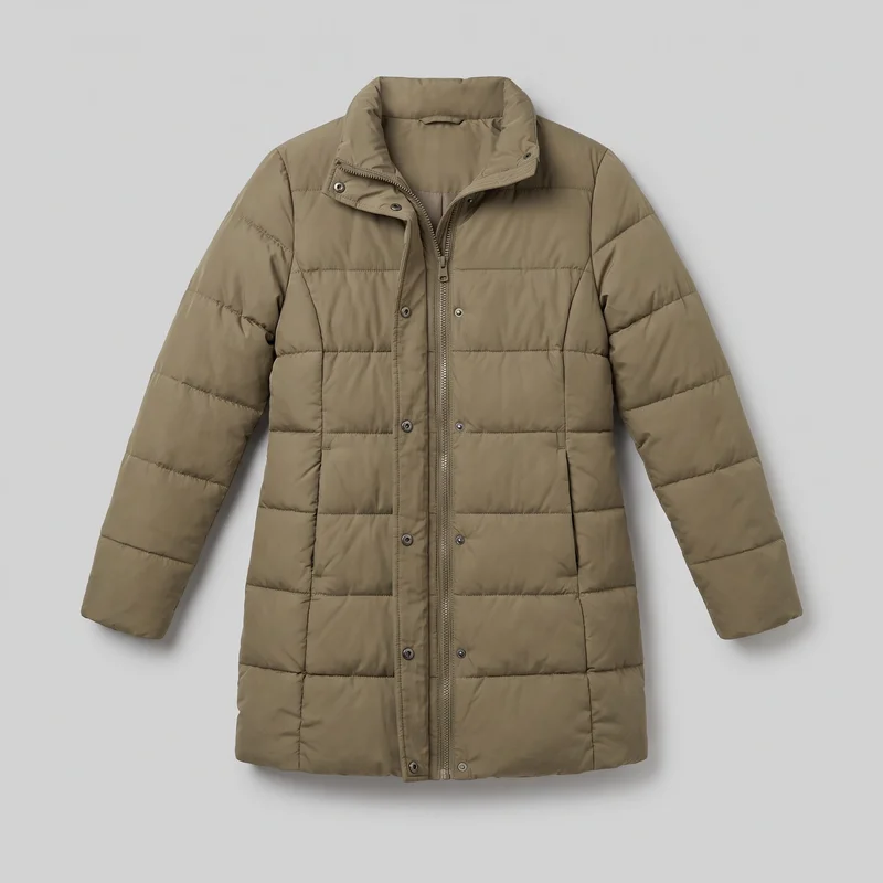 Women's khaki longline quilted puffer jacket laid flat and shown from the front. The coat has a straight silhouette, full-length sleeves, a high stand collar, a full-length central zipper with a snap-stud storm placket, horizontal quilting across the body and sleeves, vertical front panel seams, and two lower front welt or seam pockets.