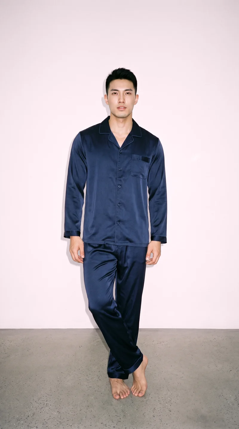 Men's Satin Pyjama Set, Full body at Front, Natural E-Commerce lighting