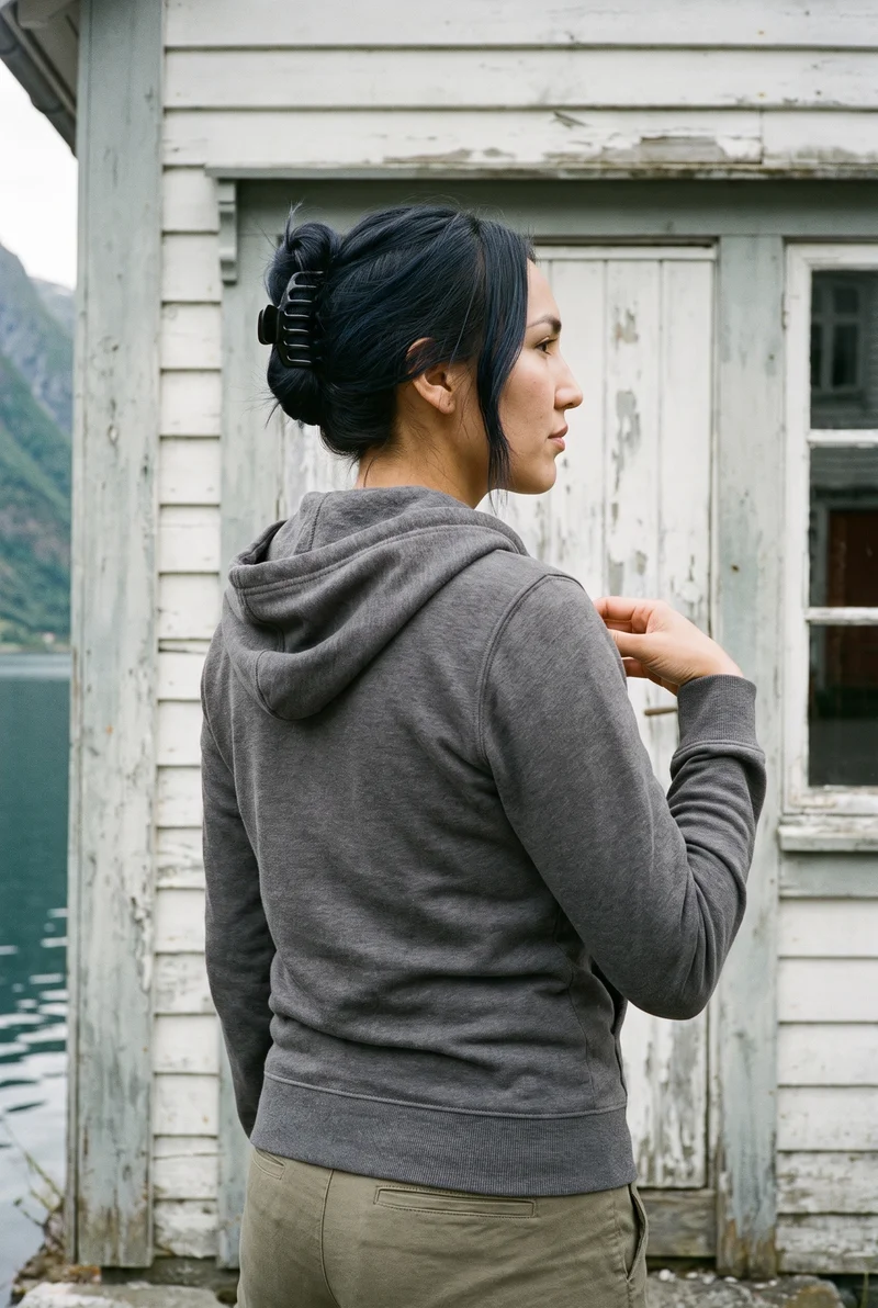 A 25-year-old Indigenous American woman is shown from the upper body in a back view, wearing a women's charcoal cotton zip-up hoodie with her fingers at her chest. A Norwegian fjord village backdrop is visible behind her.