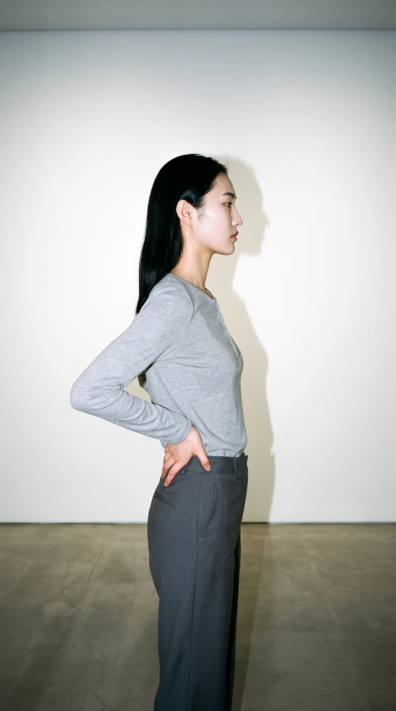 A 19-year-old Korean woman wears a grey cotton Henley top in a three-quarter-length side-view composition, standing with her hands on her waist and a neutral expression. A museum gallery serves as the backdrop.