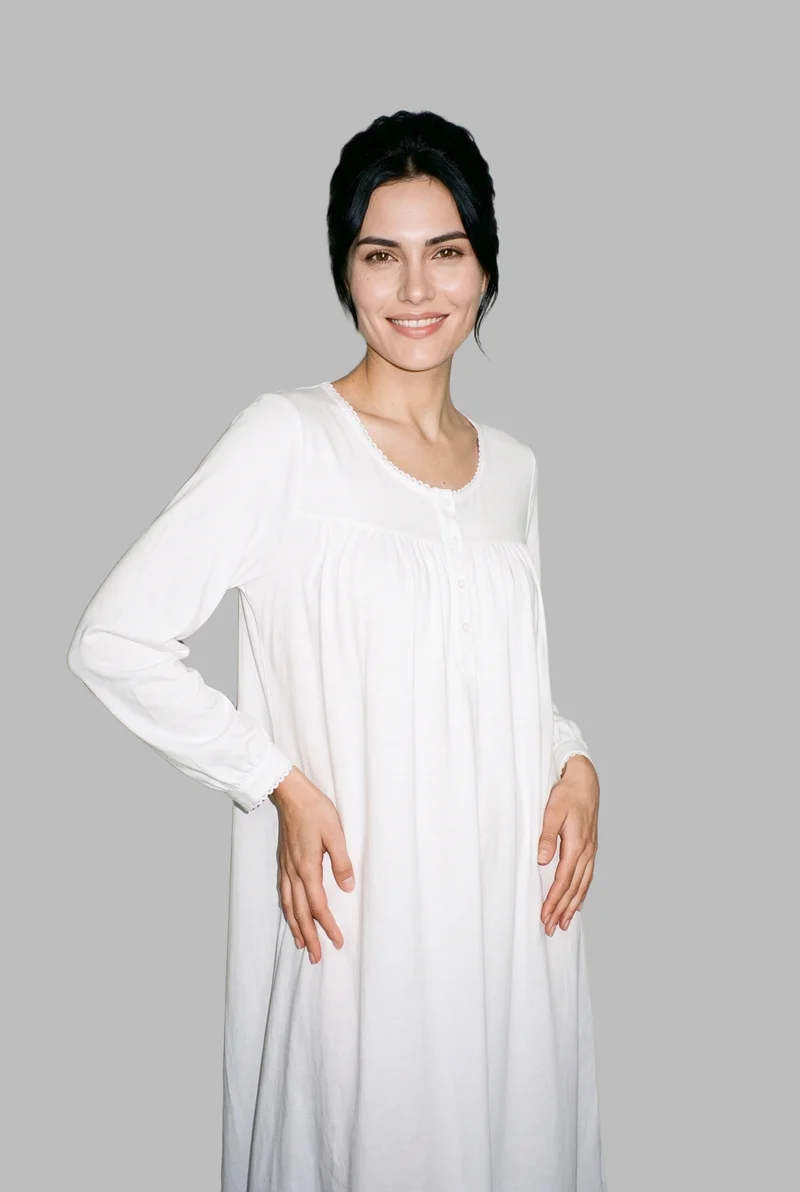 White Cotton Nightdress, Three-quarter length at Three-quarter, Studio Cutout lighting