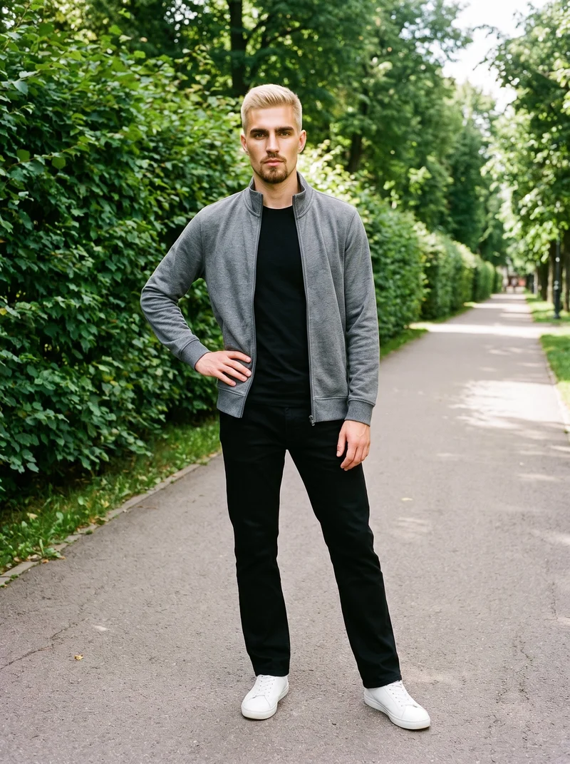 A 26-year-old Caucasian man is shown full body from the front wearing a men's grey zip track jacket. He stands with one hand on his hip and a confident expression against a park pathway backdrop.