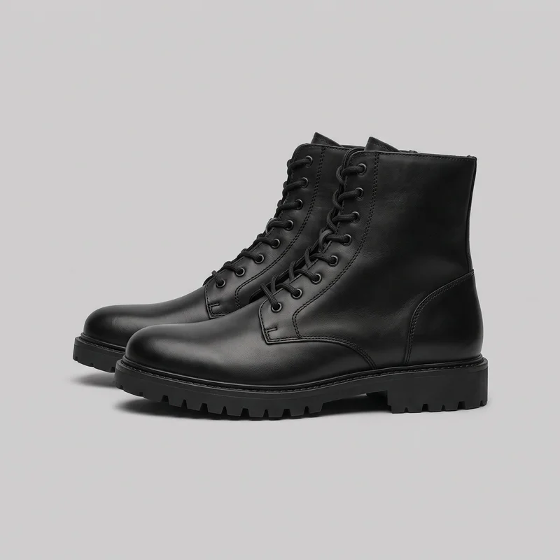 A pair of black ankle-to-lower-calf combat boots is shown in a three-quarter side view. The boots have rounded toes, closed uppers, straight shaft openings, front lacing through multiple round eyelets, visible tongues, and low block heels integrated into thick lugged soles. Outer side panels, vertical shaft seams, rear counter seams, raised sole-edge stitching, and deep outsole tread notches are visible.