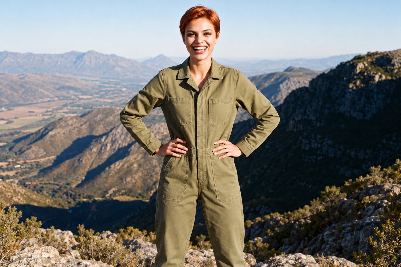 An 18-year-old Caucasian woman wears an olive workwear boilersuit in a three-quarter-length front view. She stands with her hands on her hips and is laughing, with a mountain overlook backdrop.