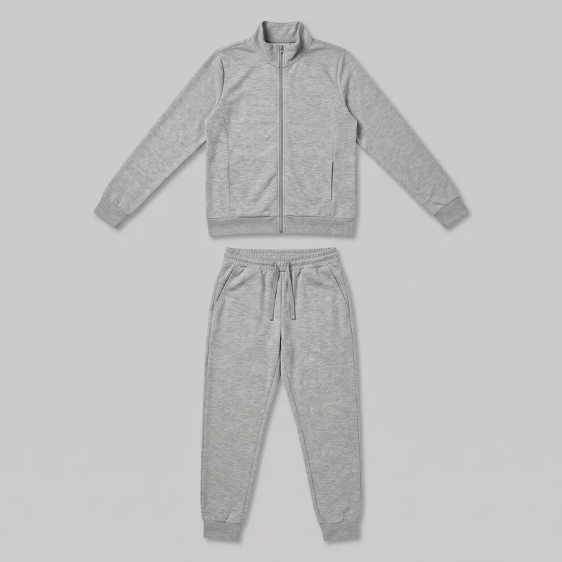 A coordinated grey marl two-piece tracksuit is arranged in a front-view flat lay, with the zip-front jacket positioned above the matching jogger pants. The jacket has a raised stand collar, full center-front zipper, long sleeves with ribbed cuffs, curved front seam panels, and a ribbed straight hem. The joggers have a relaxed upper fit that tapers to ribbed ankle cuffs, an elastic drawstring waistband, slant pockets, pleat-like seams near the waistband, and long vertical leg seams. Fine heathered striation is visible throughout, with no logos or other embellishments.