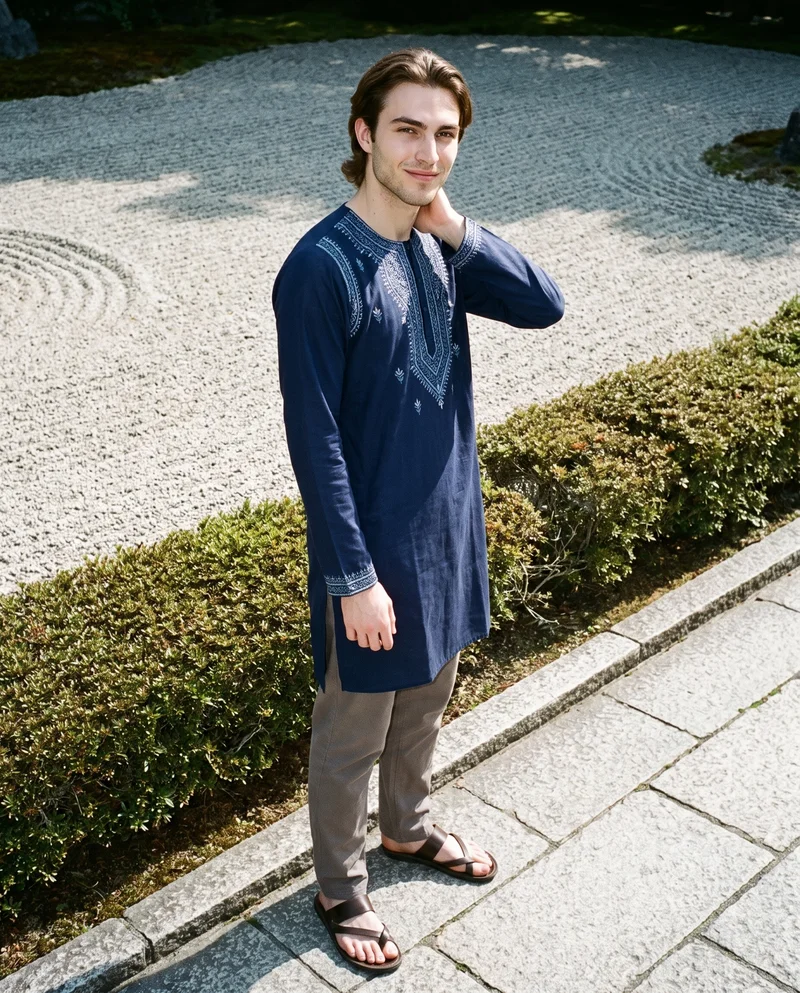 Navy Embroidered Kurta, Full body at Three-quarter, Flash Editorial lighting